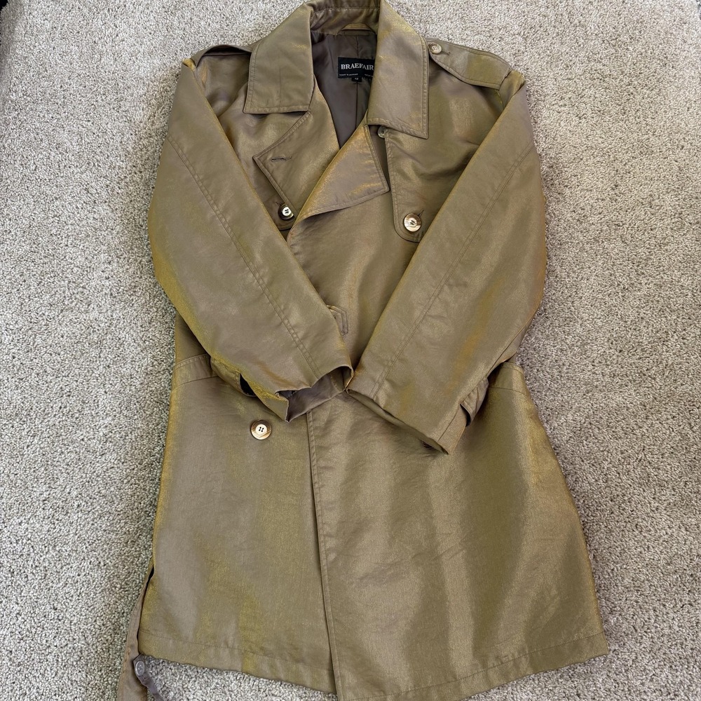 Braefair Trench Coat Womens 12 Gold Taffeta Belted Button Front Lined Mid Length